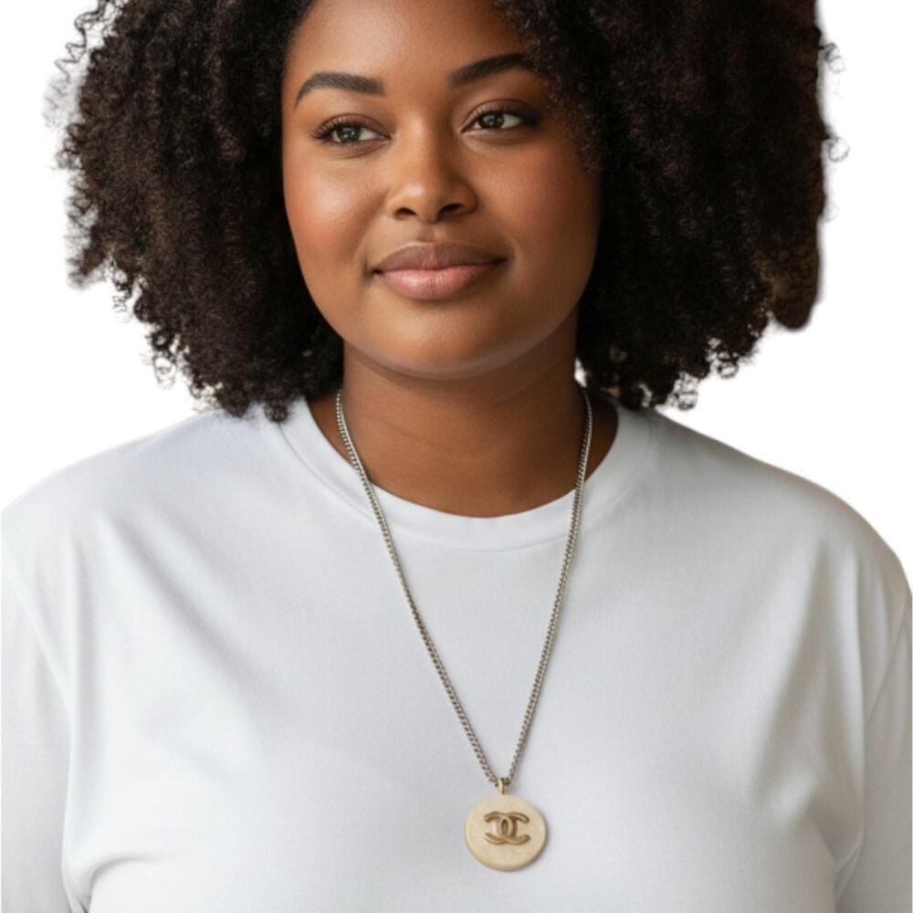 Pink & Silver Iridescent Large Button Pendant on 18K White Gold Filled Necklace - Picture 3 of 4